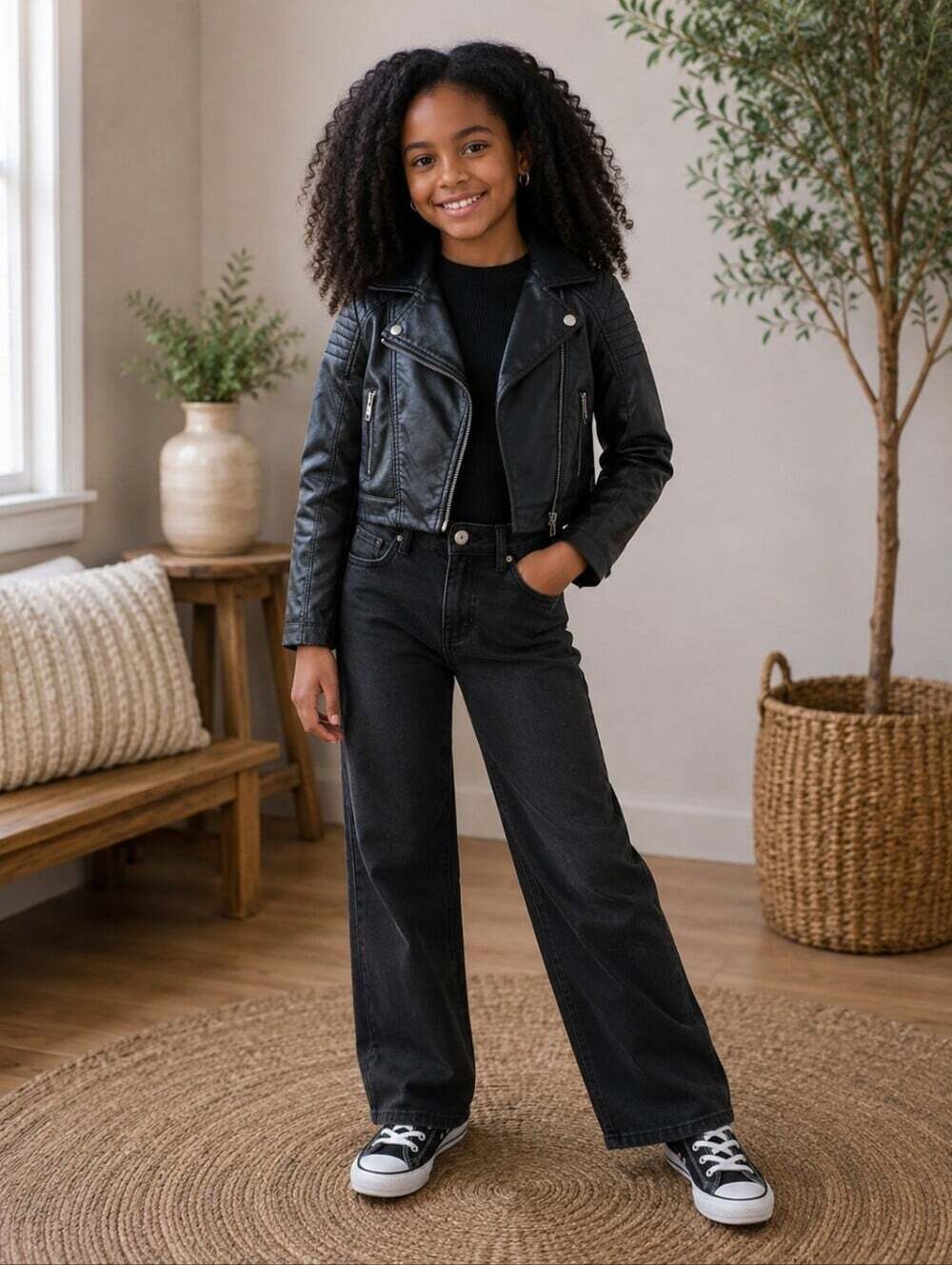 H&M Kids Black Faux Leather Moto Jacket 8-9Y - Small Flaw